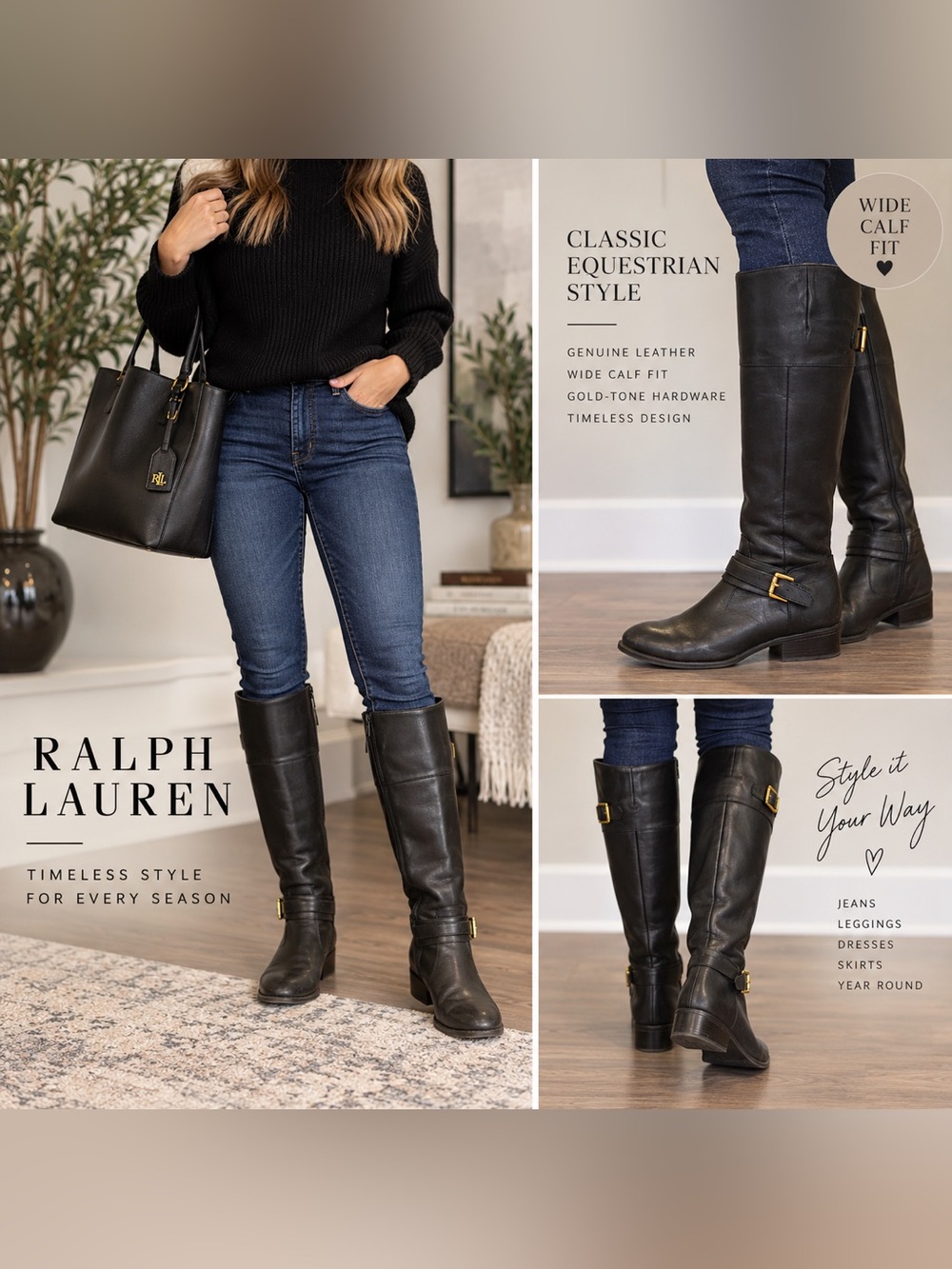 Ralph Lauren Maritza-W Black Leather Wide Calf Tall Boots 7B